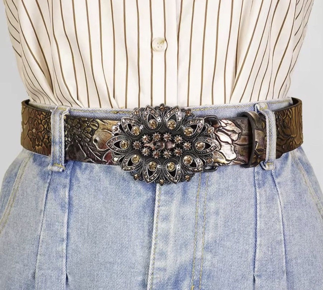 Japanese Brand 100 cm Rhinestone Inlaid Belt with Leaf Pattern Printed Belt Size 32 - 1 Thumbnail