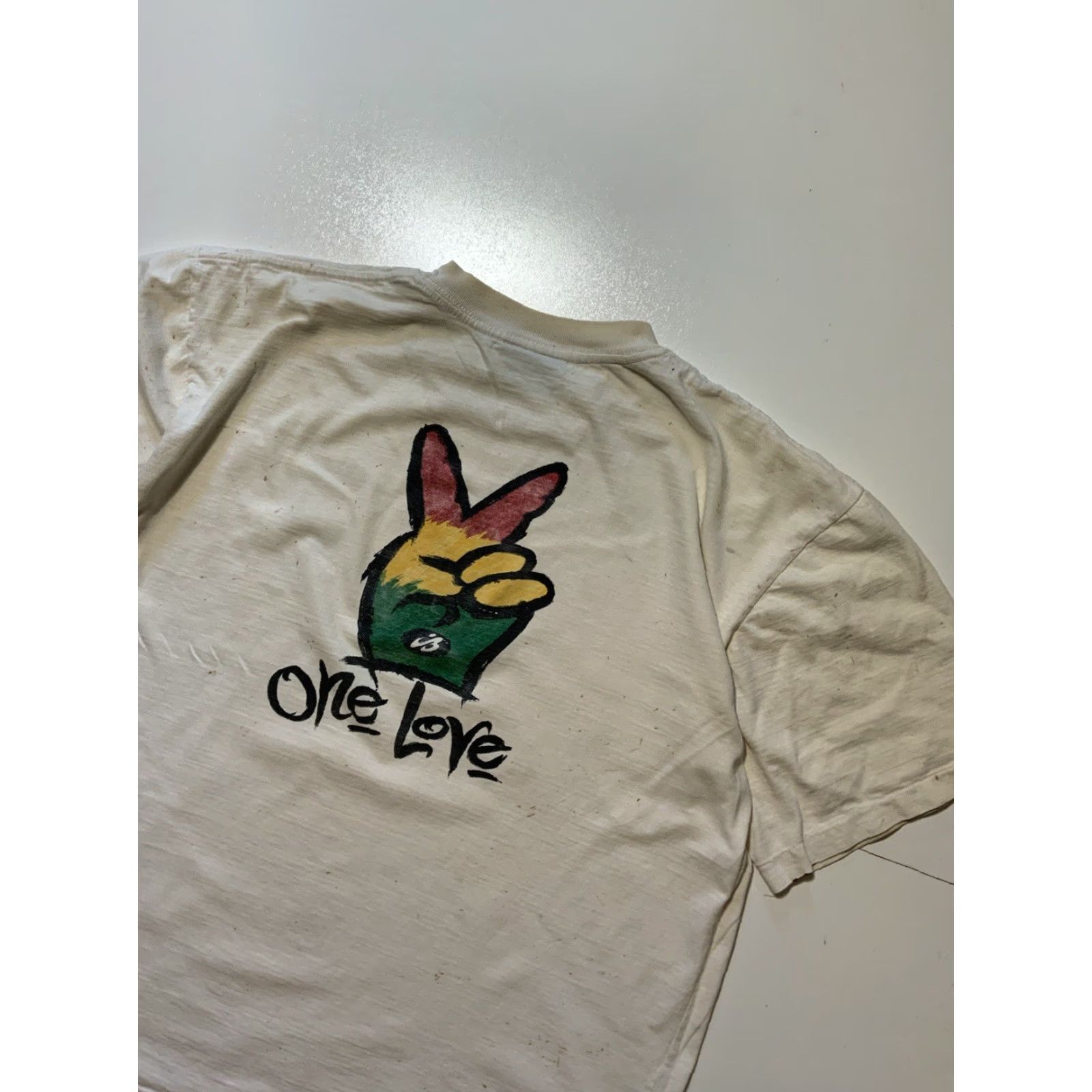 Vintage VINTAGE Irie Blue Barbados One Love Peace Rasta Single Stitch T-Shirt XL White 90s Mens? Womens? (Oops) Size US XL / EU 56 / 4 - 5 Thumbnail