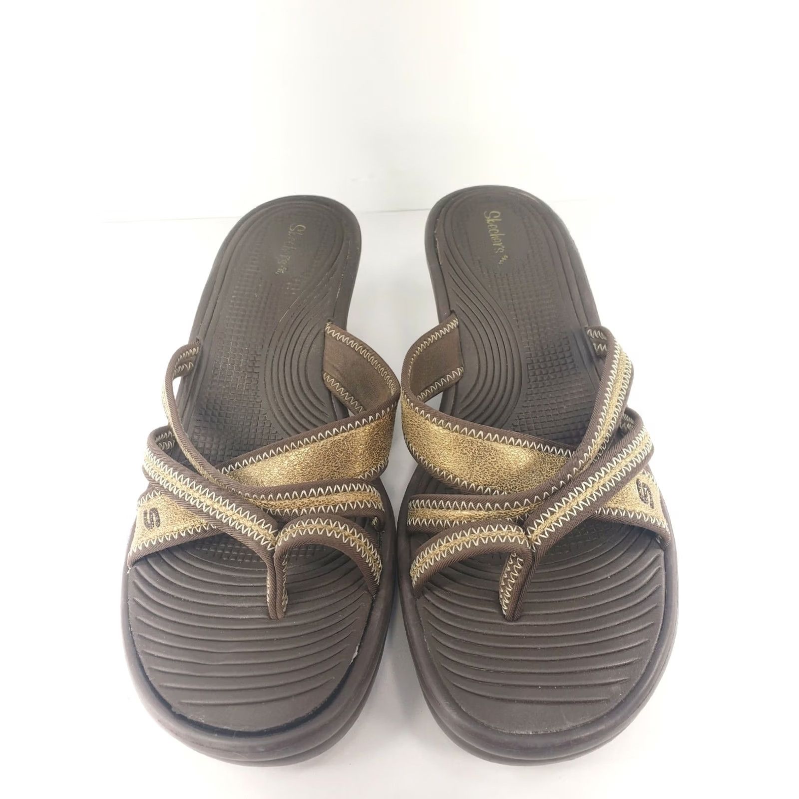SKECHERS Skechers Sandal Womens SZ 9 Gold & Brown Thong Comfort Slip On Slide Strappy EUC Size US 9 / IT 39 - 3 Thumbnail