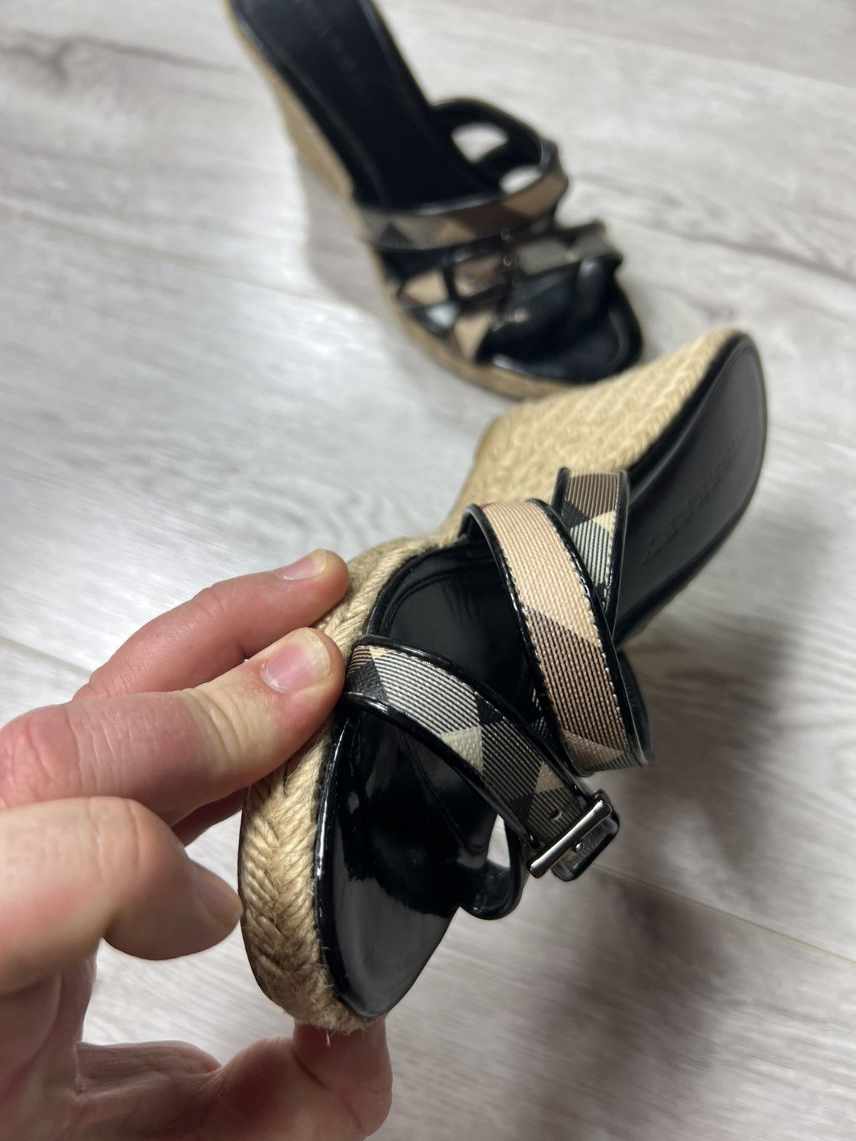 Burberry Women’s Nova Check Leather Wedge Espadrille Sandals