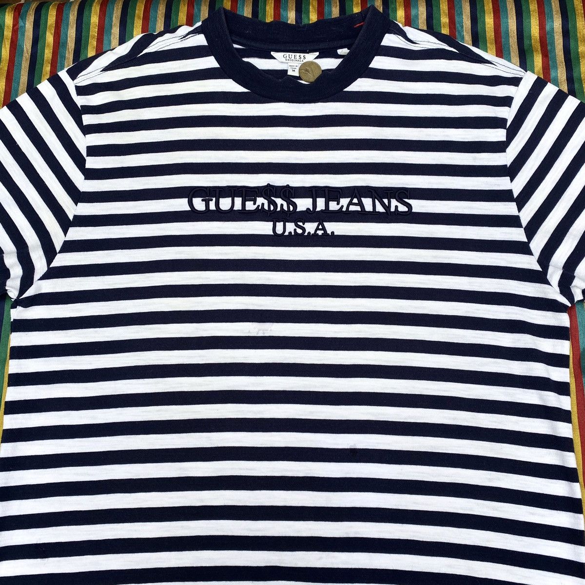 Other GUESS JEANS 'U.S.A' ASAP ROCKY Embroidered Striped Tee NAVY Size US M / EU 48-50 / 2 - 7 Thumbnail