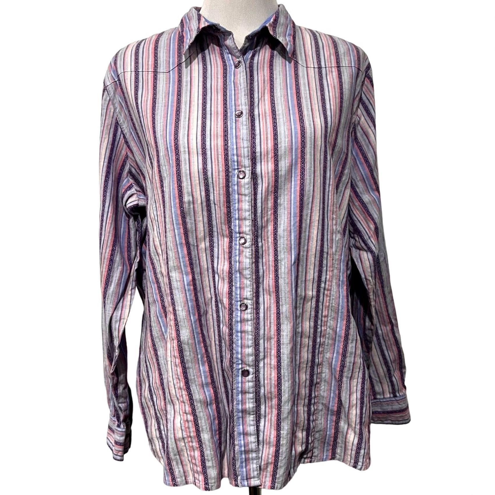 Wrangler VINTAGE Wrangler Blues Women’s Top Button Front Striped Pearly Snaps Long Sleeve Sz XXL Size XXL / US 16-18 / IT 52-54 - 2 Thumbnail
