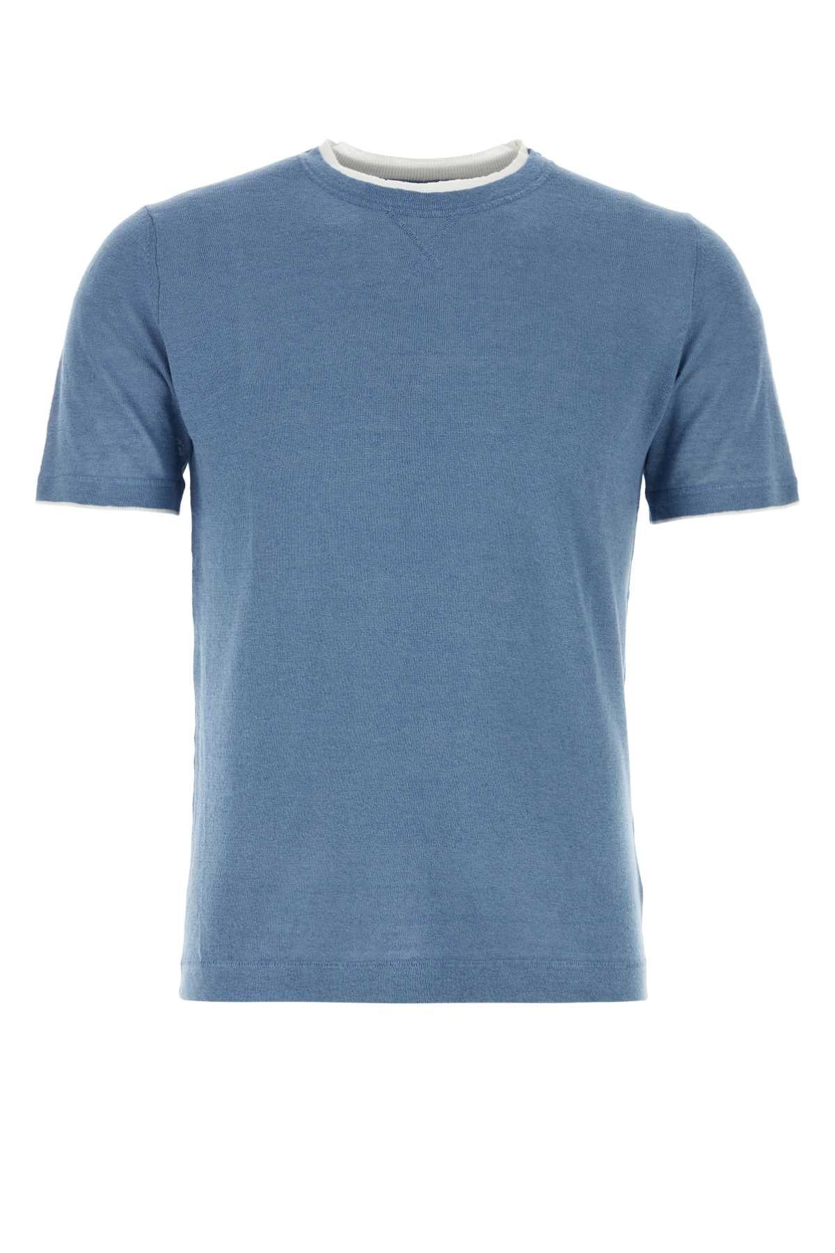 image of Fedeli Air Force Blue Linen Blend Fox T-Shirt in Light Blue, Men's (Size Medium)