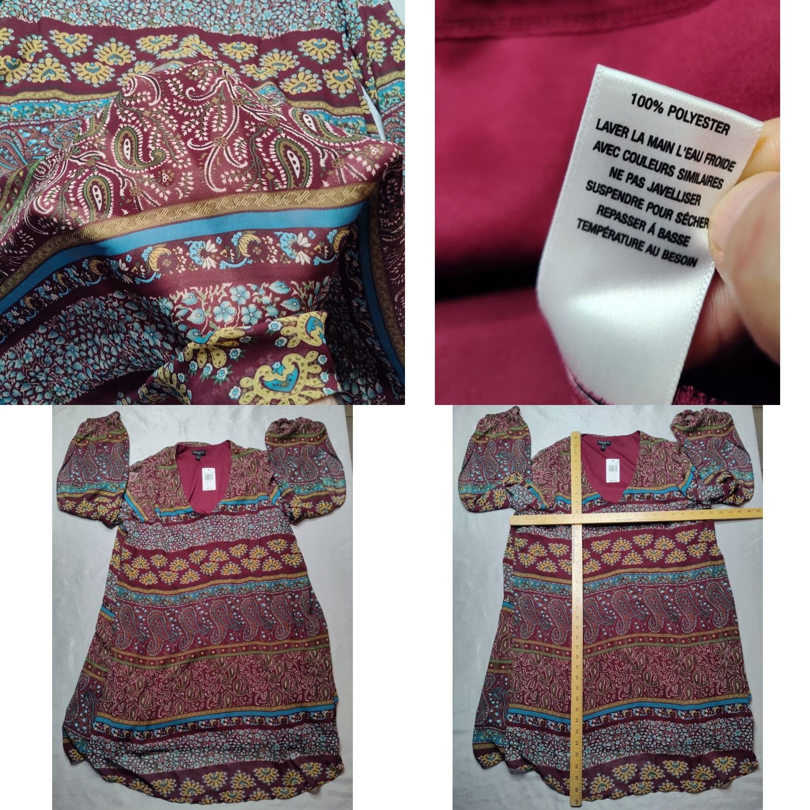 SAMI & JO PLUS Dress Women 1X Burgundy Paisley Slit Sleeve Midi V-Neck  Pullover New
