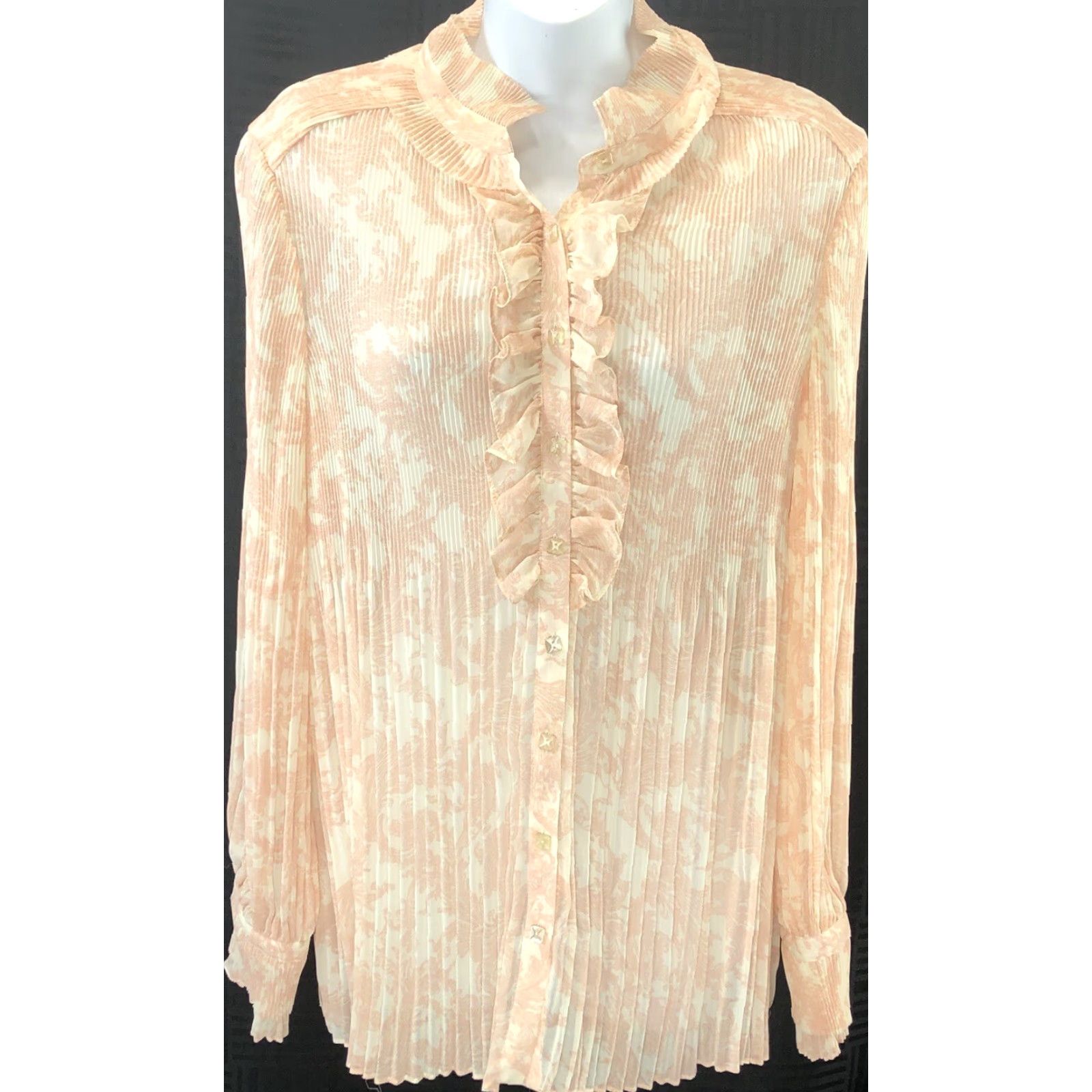 Vintage Dialogue Chiffon Top M Peach Paisly Ruffles Collar Pleated Coquette Romantic | Shirt | Women | M | Peach | Paisley Chiffon Top | 60s? Size M / US 6-8 / IT 42-44 - 2 Thumbnail