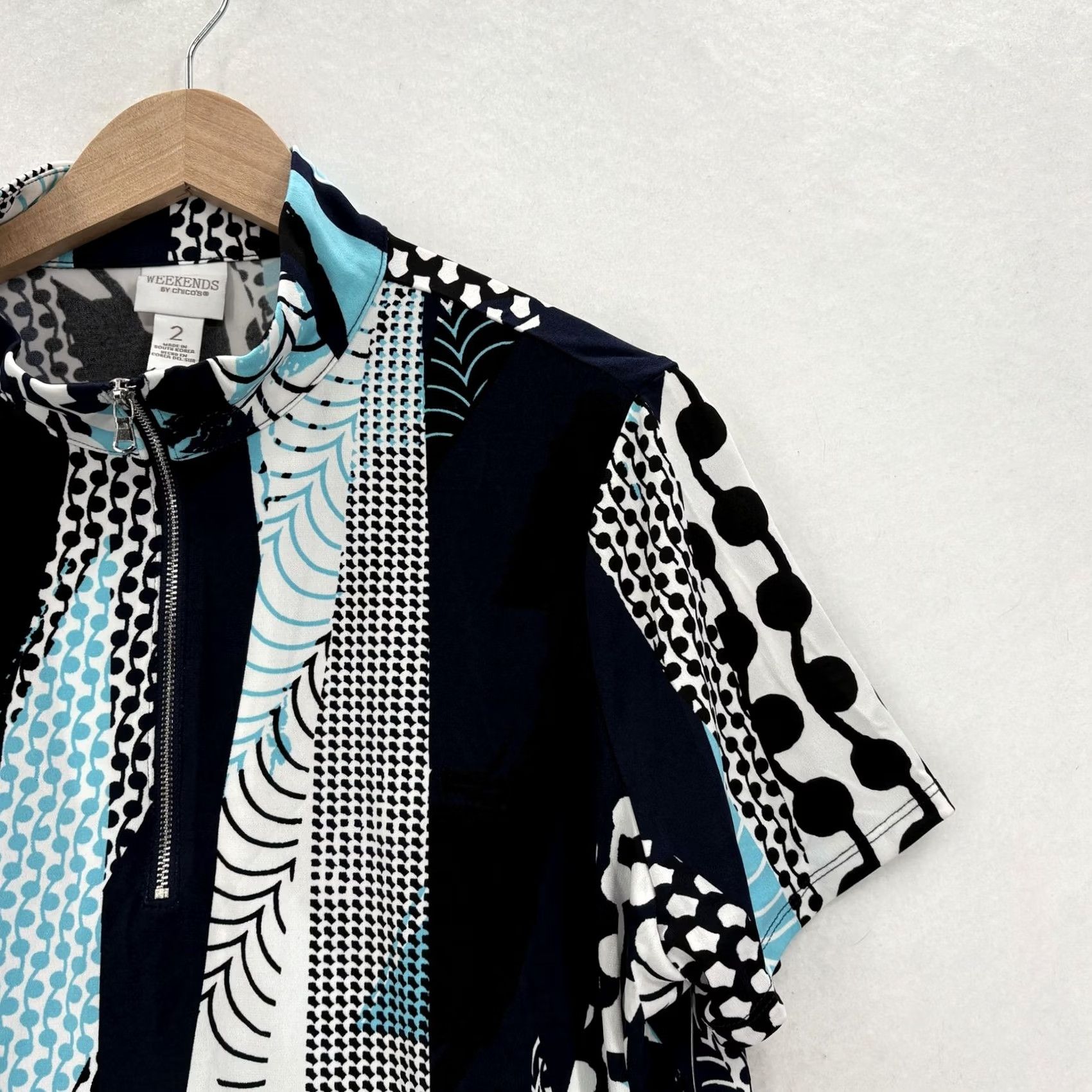 Vintage Chico's Polo Shirt Womens Black Blue Mock Neck Zip Abstract Geometric 2 12 Short Sleeve Jersey Polyester Spandex Casual Summer Womens Size XL / US 12-14 / IT 48-50 - 2 Thumbnail