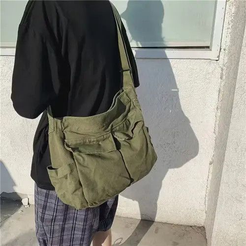 image of Solid Large Capacity Casual Canvas Shoulder Bags in Green, Men's