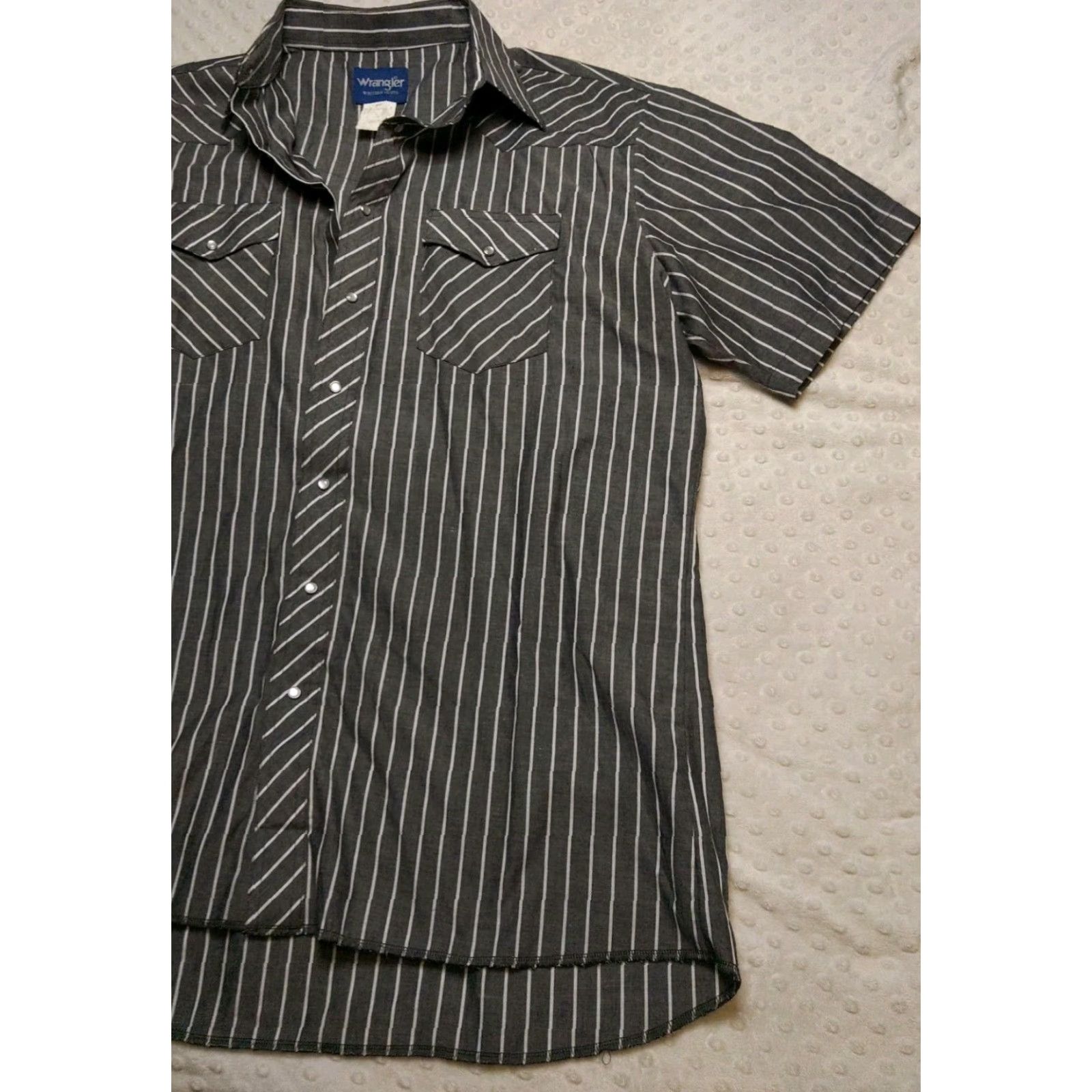 Wrangler Wrangler Shirt Button-Down 90s Vintage Gray Stripe Pearl Snap Western Rodeo XLT Mens Regular easy care pockets cotton woven Size US XL / EU 56 / 4 - 2 Thumbnail