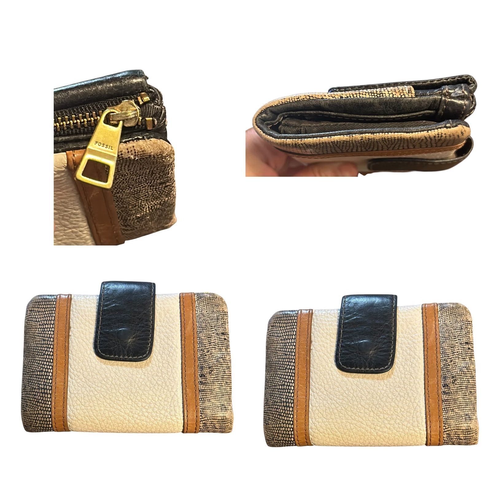 Fossil Fossil Ellis Multi Patchwork Leather Black Brown Cream Wallet Women's Worn Read Size ONE SIZE - 8 Thumbnail