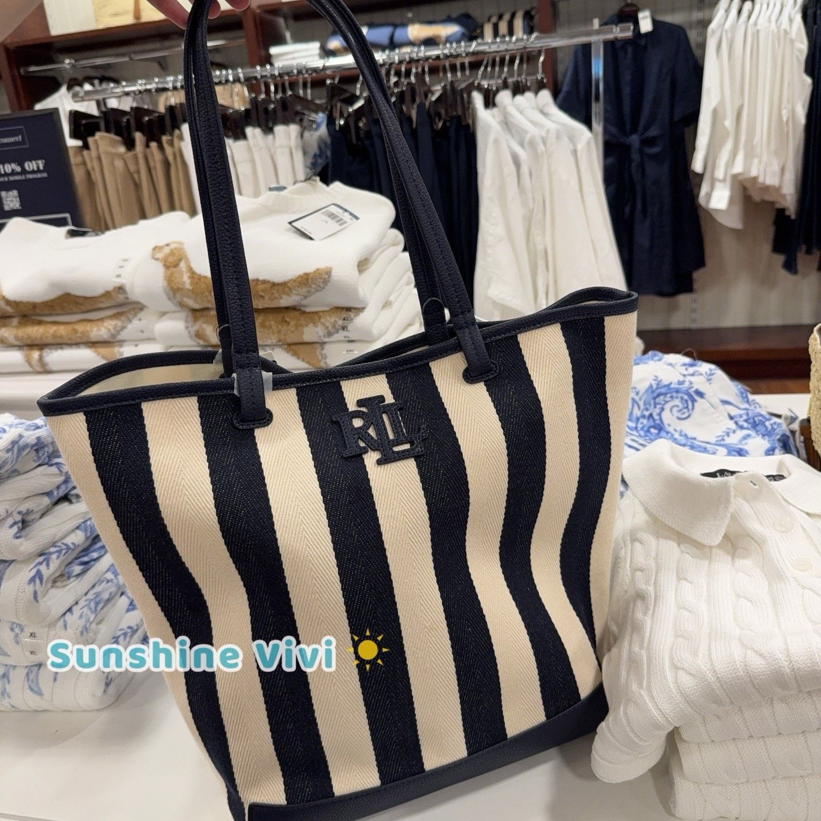 Lauren Ralph Lauren NWT Lauren Ralph Lauren Canvas Stripe Large Tote Bag Navy Size ONE SIZE - 1 Thumbnail
