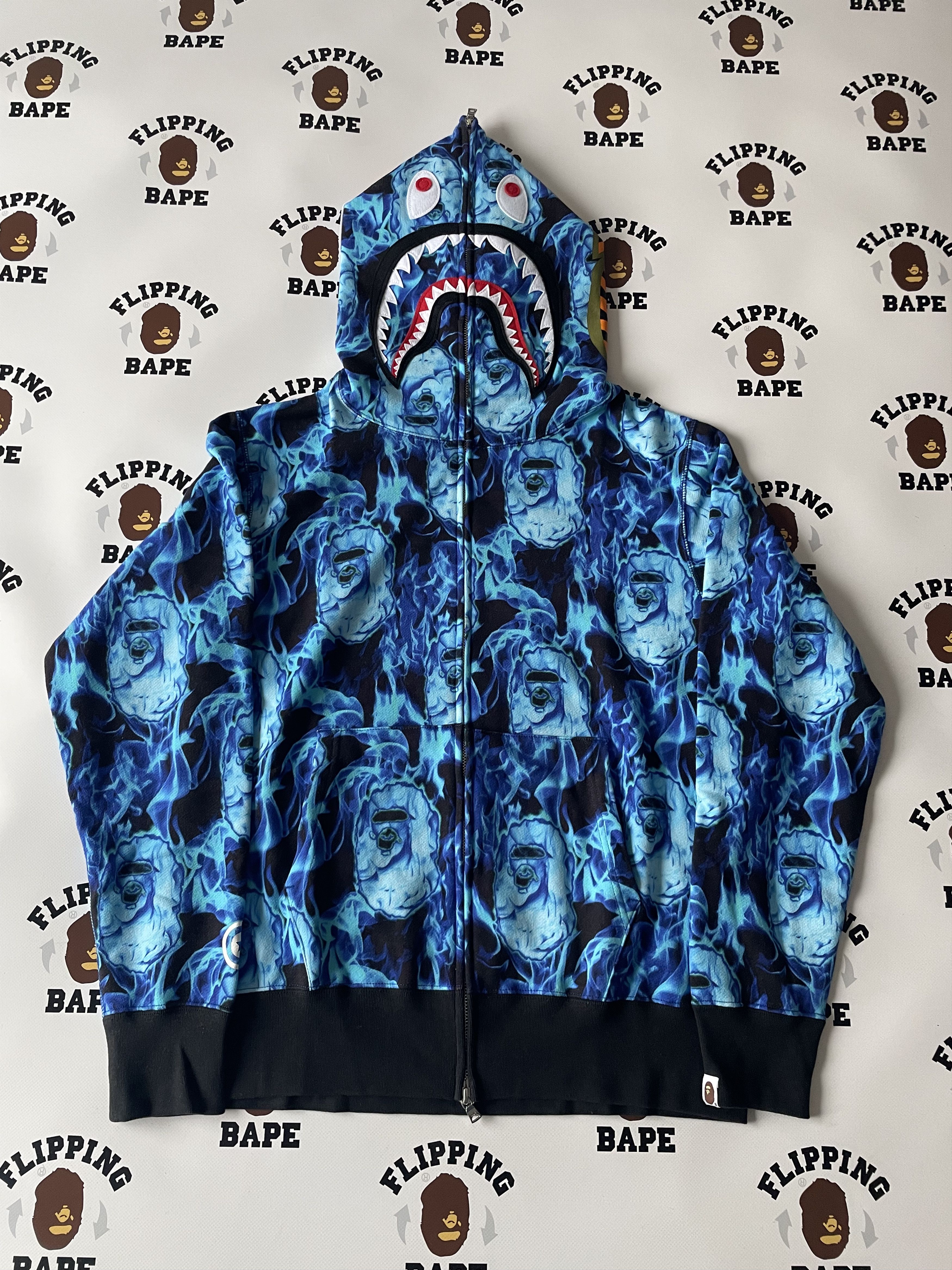image of Bape Flame Shark Full Zip Hoodie in Blue, Men's (Size Medium)