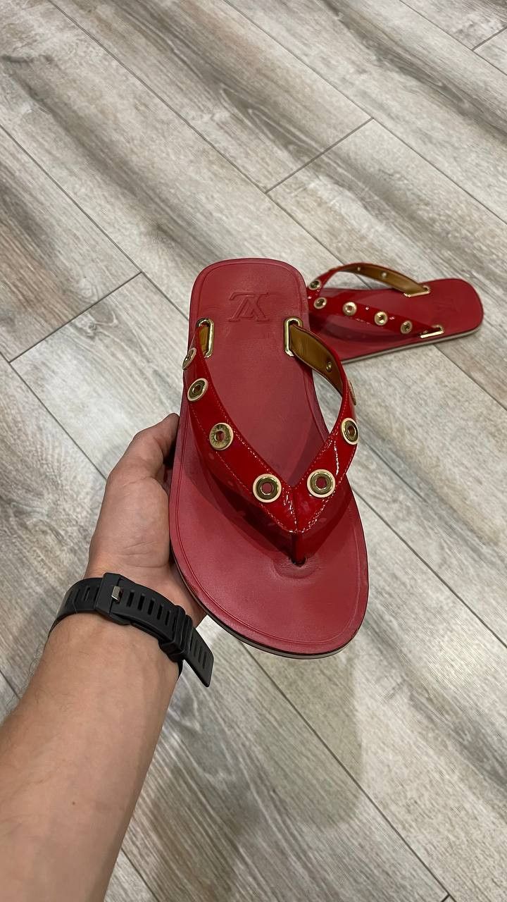 Louis Vuitton Louis Vuitton Red Leather Flip Flops Sandals Gold Studded Size US 10 / IT 40 - 9 Thumbnail