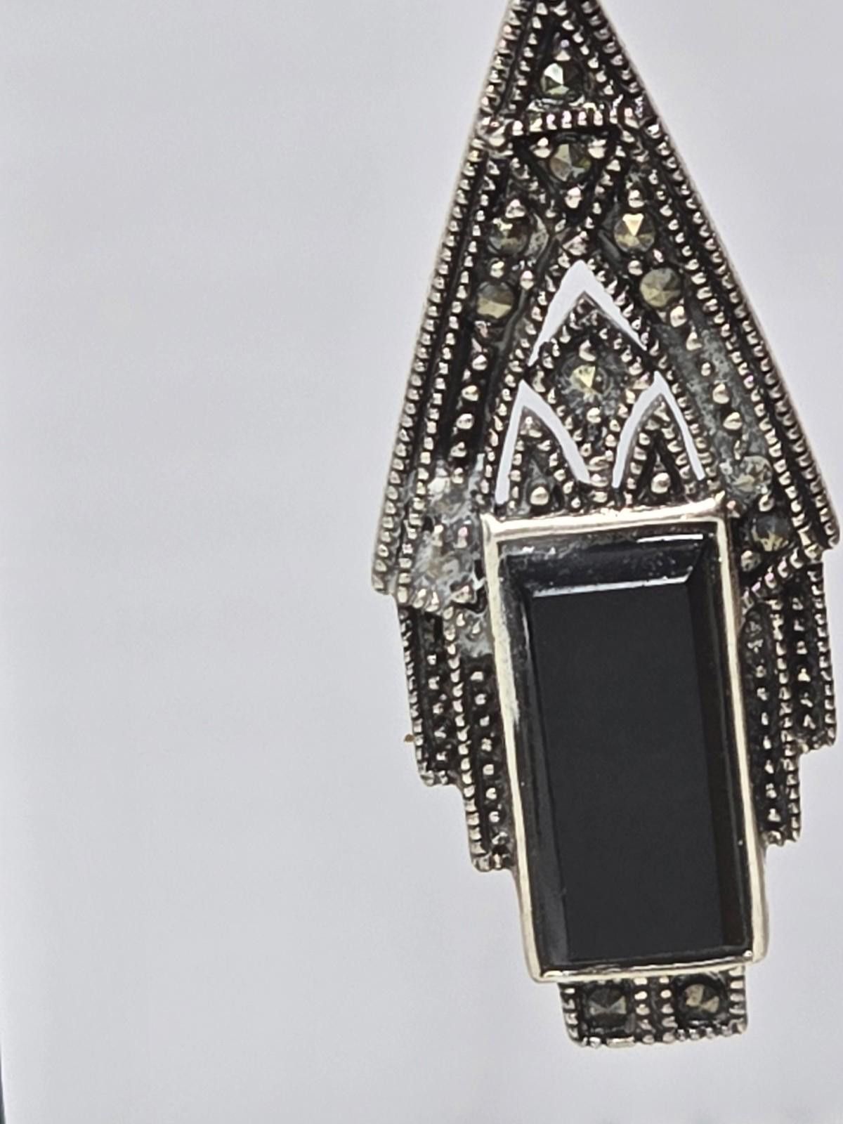 The Unbranded Brand 925 Thai Marcasite Onyx Drop Earrings Art Deco Size ONE SIZE - 4 Thumbnail