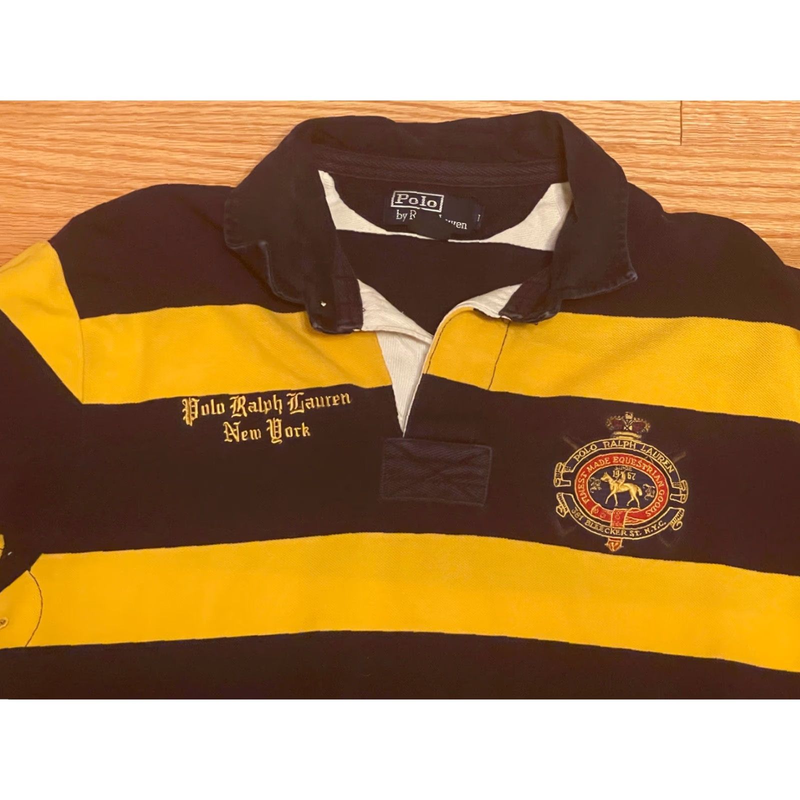 Polo Ralph Lauren VINTAGE Polo By Ralph Lauren New York Custom Fit Short Sleeve Rugby Shirt Crest L Yellow Blue Mens Polo Shirt Size US L / EU 52-54 / 3 - 2 Thumbnail