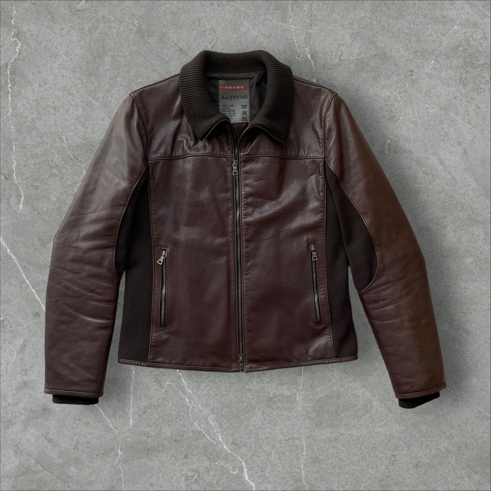 Prada Prada Leather Wool Chocolate Brown Bomber Jacket Size US L / EU 52-54 / 3 - 1 Thumbnail