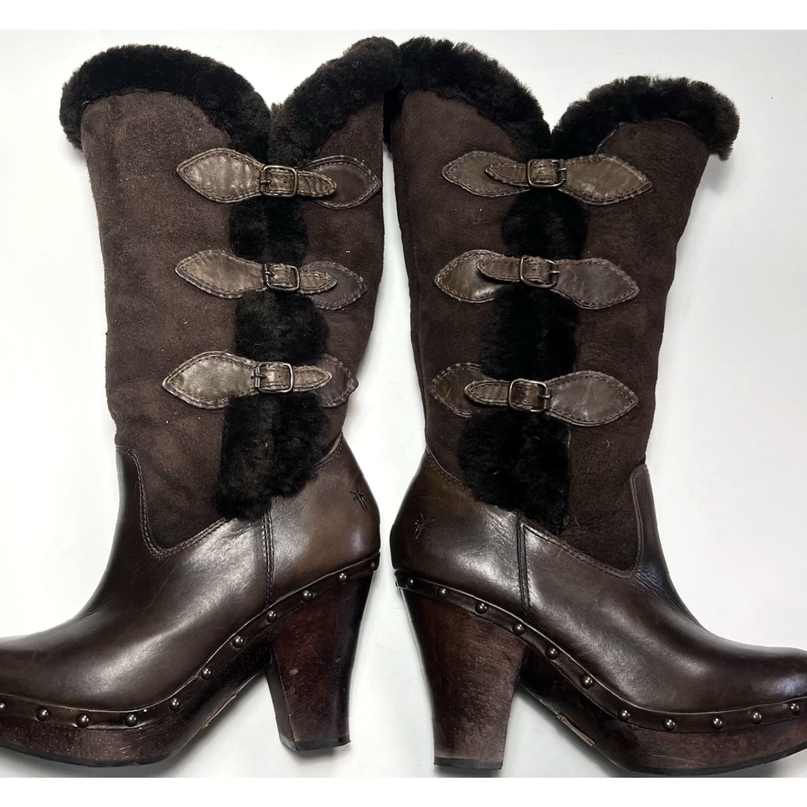 Frye Frye Boots Women 7B Brown Leather Shearling Sheepskin Buckle Ella Winter Size US 7 / IT 37 - 2 Thumbnail