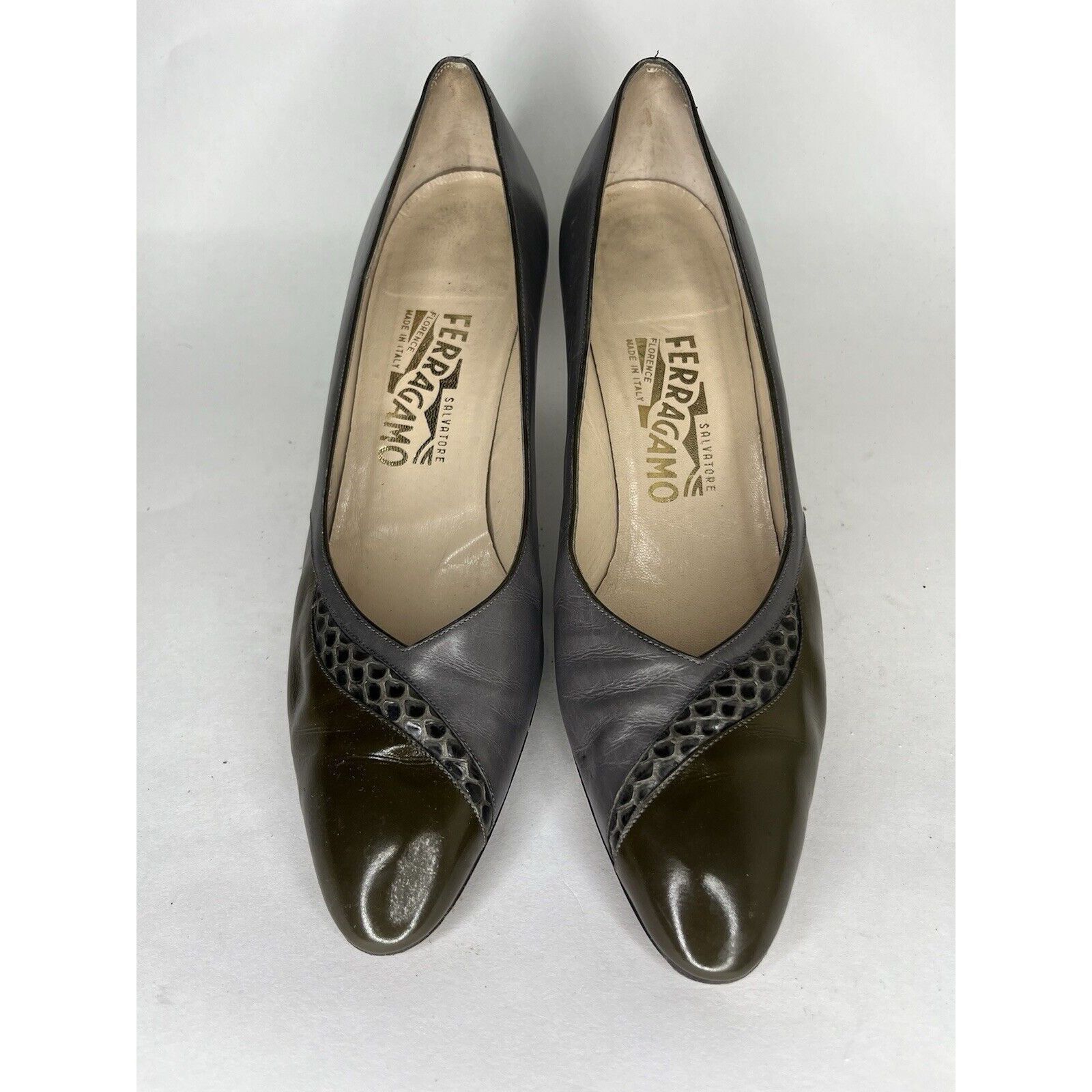 Salvatore Ferragamo Salvatore Ferragamo Gray Leather Green Dress Heels Women’s S Size US 10 / IT 40 - 2 Thumbnail