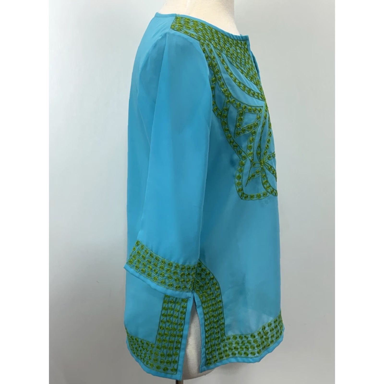 Vintage Gretchen Scott Designs Sheer Tunic Top Sheer Sz Xsmall Aqua Green Embroidered XS Blue Polyester Embroidered Sheer Tunic Top Gretchen Scott Designs Size XS / US 0-2 / IT 36-38 - 4 Thumbnail