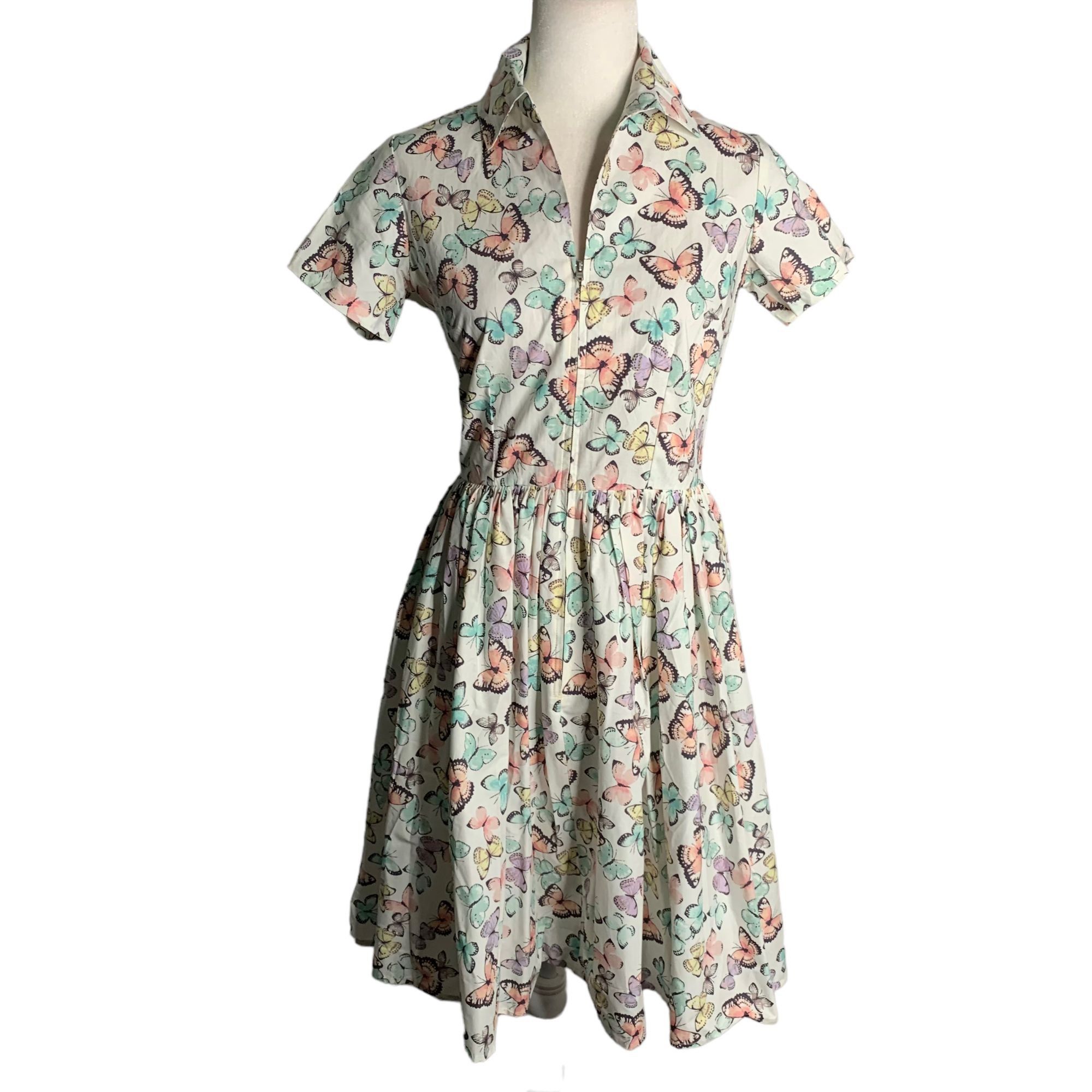 Blue & Pink Palm Frond Print BERNIE DEXTER Short Sleeve Rockabilly Swing Dress - S