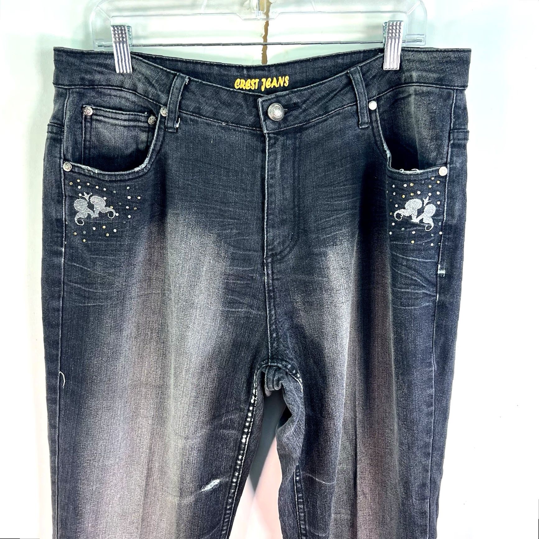 Denime Vintage Crest Jeans Flared Trousers Womens Size 16 Black Embroidered Denim 90s Size 38" / US 16 / IT 52 - 2 Thumbnail