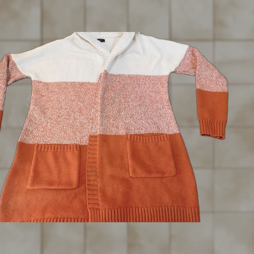 Vintage Tahari Sweater Cardigan M Orange Women Striped Pockets Knit Chunky-Knit Crew Neck Long Sleeve Pullover Regular Size M / US 6-8 / IT 42-44 - 1 Thumbnail