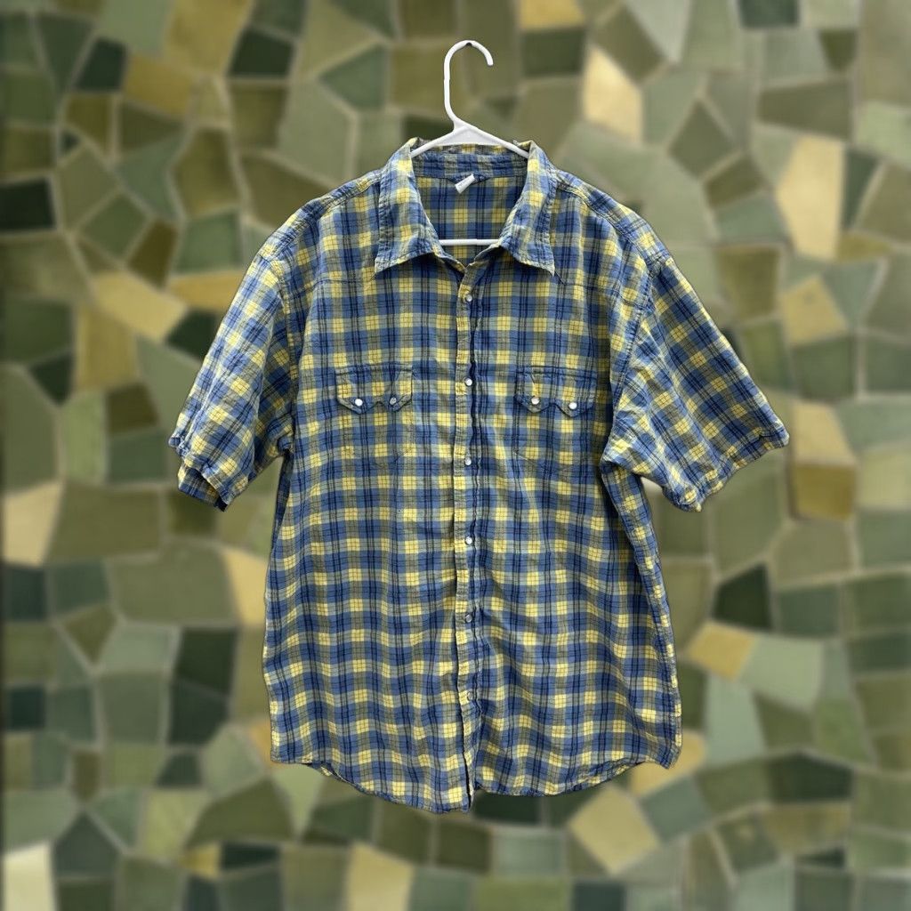 Gap Gap Factory Store Mens Shirt XL Blue Yellow Plaid ShortSleeve Pearl Snap Up Size US XL / EU 56 / 4 - 1 Thumbnail
