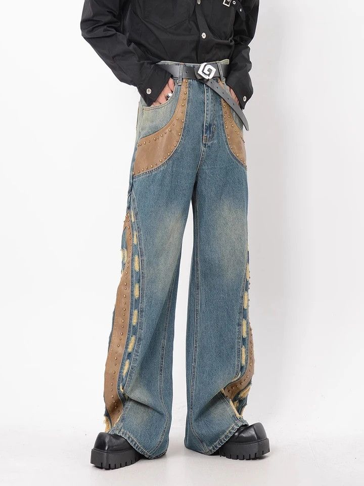 Japanese Brand × Jean Studded baggy jeans leather patchwork distressed Size US 28 / EU 44 - 4 Thumbnail