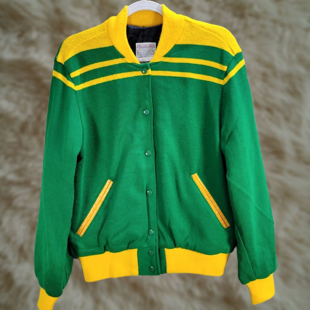 Vintage Vtg Cheerleader Jacket Womens Bomber Knit Lined Sz M Green Sn ap Button Logo 1970s Snap Buttons Wool Wool? Size M / US 6-8 / IT 42-44 - 1 Thumbnail