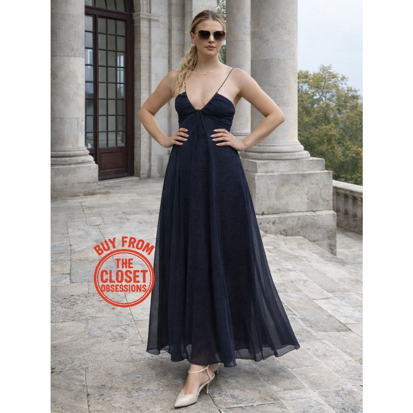 ZARA Draped V-Neck Maxi Dress NWT  Blue Gown, Size L, XL