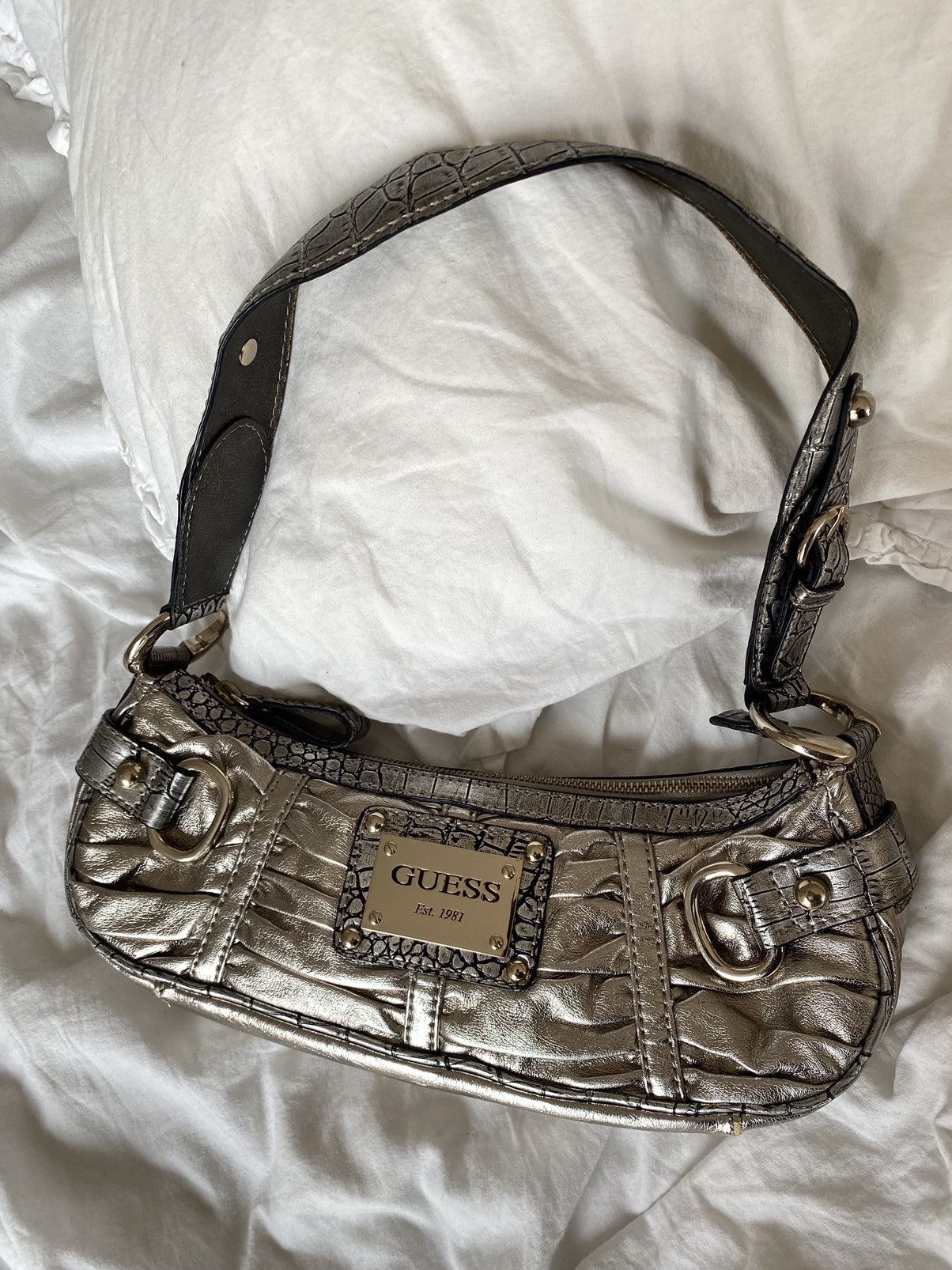 image of Guess Leather Vintage Silver Shoulder Bag in Metallic, Women's