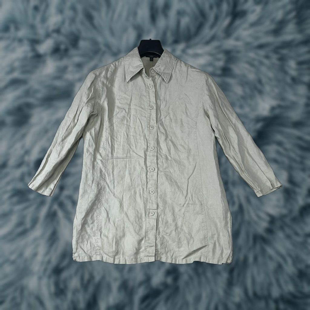 Vintage France '1 Shirt Women 100% Linen Beige Button Up Top Size 10 Long Sleeve Collared Regular Size L / US 10 / IT 46 - 1 Thumbnail