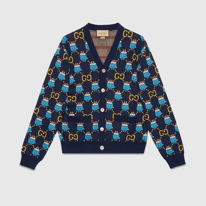 o1s1wg110225 GG Animal Cotton Wool Jacquard Cardigan