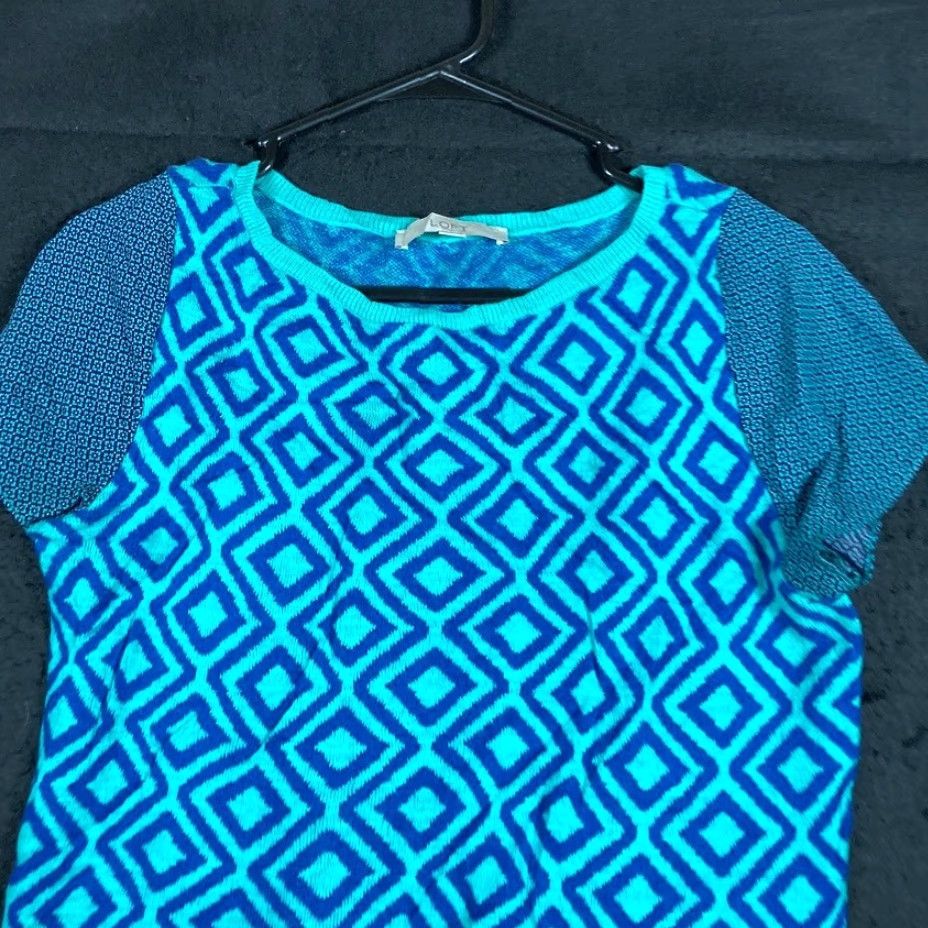 Ann Taylor VINTAGE Ann Taylor LOFT Womens Shirt Turquoise Geometric Diamond Cap Sleeve Modal S Size S / US 4 / IT 40 - 2 Thumbnail