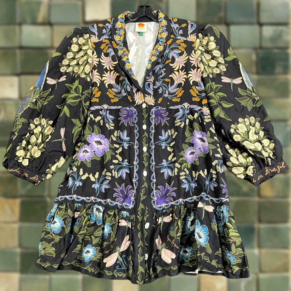 FARM RIO Winter Garden Mini Dress Women's XL Black Casual Floral Cotton  Blend Long Sleeve Collared