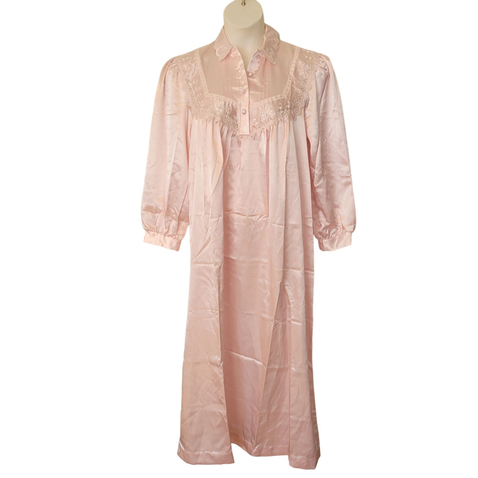 Vintage Vintage Pink Nicole Long Satin Nightgown Lace Collar Cuffs M Size ONE SIZE - 1 Thumbnail