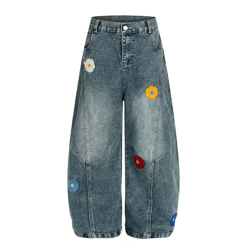 Jean Men's loose straight wide-leg floral embroidered work jeans Size US 32 / EU 48 - 1 Thumbnail