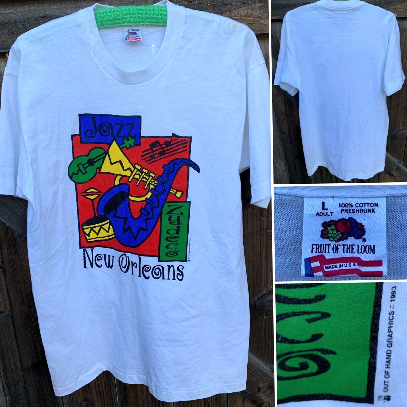 Fruit Of The Loom vintage New Orleans Jazz Zydeco t-shirt Out of Hand Graphics 1993 single stitch L White Cotton Men Graphic Tee Size US L / EU 52-54 / 3 - 5 Thumbnail