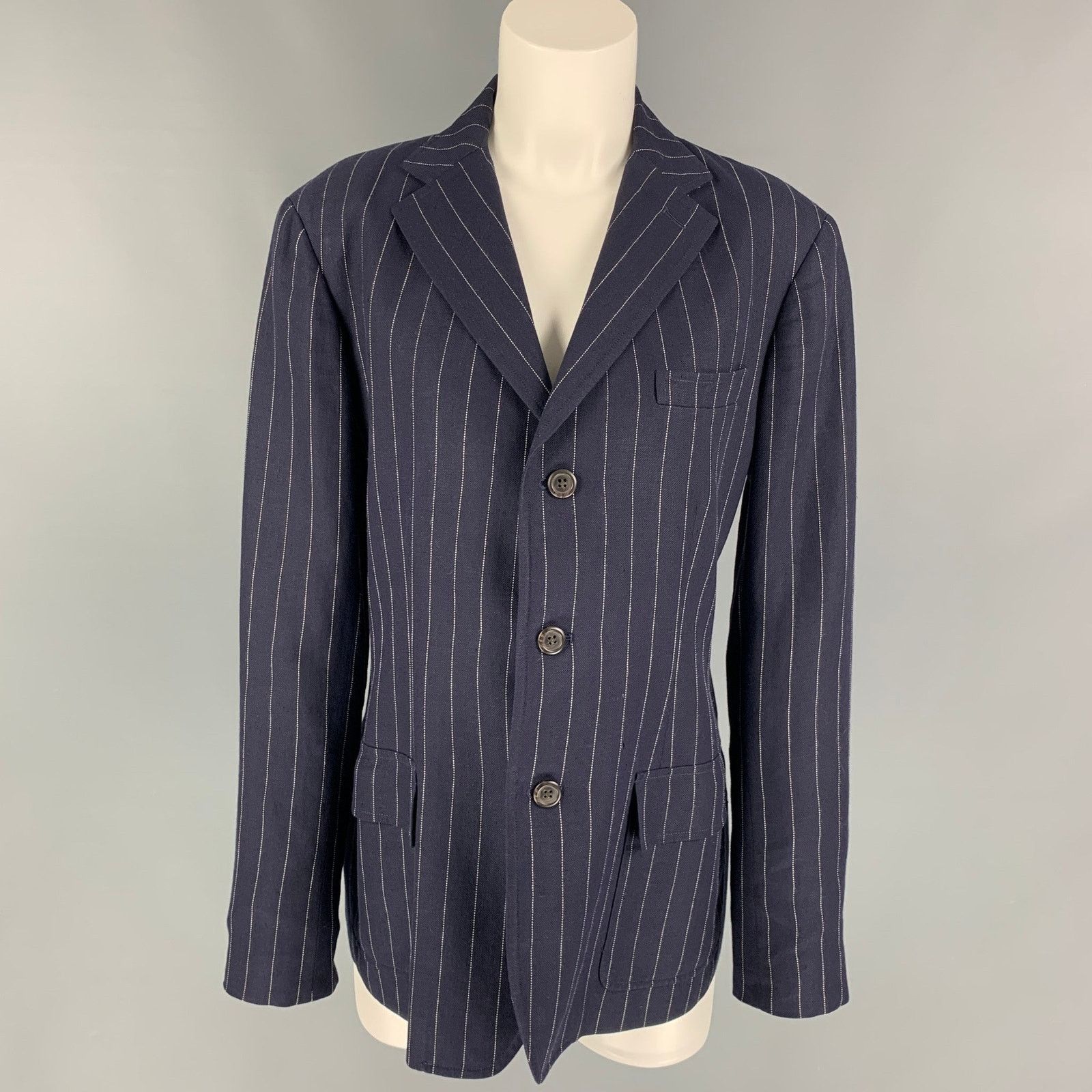 12 Navy White Pinstripe Linen Blend Blazer