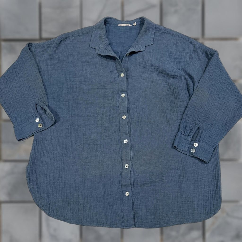 Soft Surroundings Soft Surroundings Shirt Womens 2X Green Tunic Oversized Cotton Relaxed Button-Up Collared Long Sleeve Minimalist Lagenlook Casual Travel Size XXL / US 16-18 / IT 52-54 - 1 Thumbnail