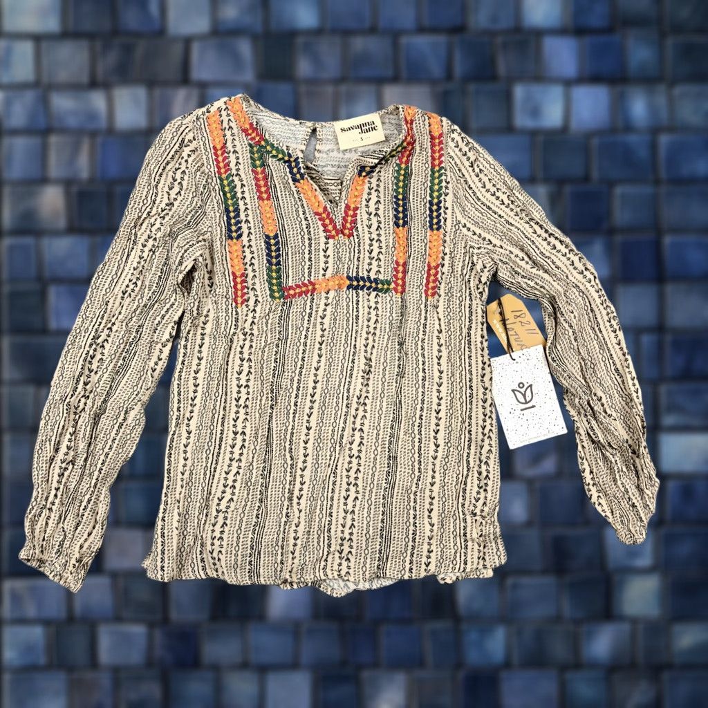Vintage Savanna Jane Blouse Womens S Beige Embroidered Boho Tunic Top Long Sleeve V-Neck Shirt Size S / US 4 / IT 40 - 1 Thumbnail