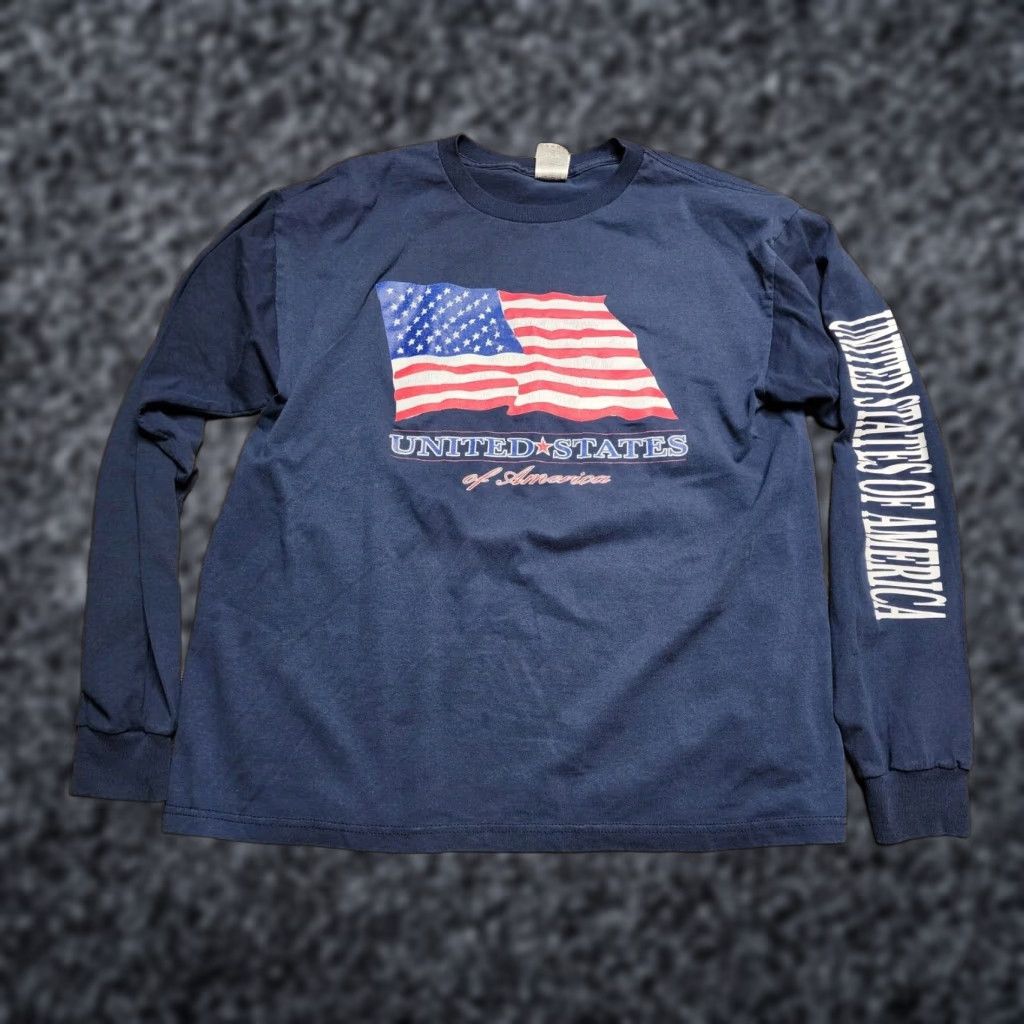 Fruit Of The Loom VINTAGE American Flag T-Shirt Long Sleeve Crew Neck XL Unisex Adults Blue 90s United States Flag Graphic Print Fans Mens Womens XL Size US XL / EU 56 / 4 - 1 Thumbnail
