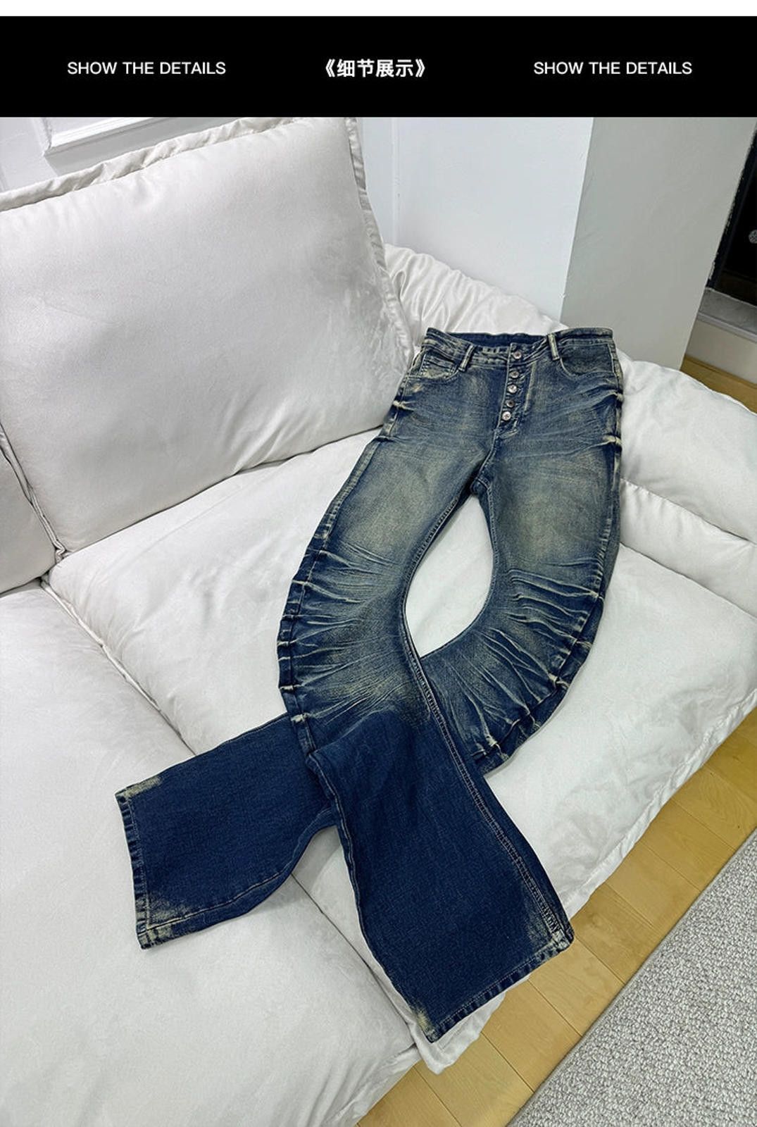 Vintage Blue Slim Fit Button-Fly Jeans, Ruched Detail Denim Pants Size US 32 / EU 48 - 4 Thumbnail