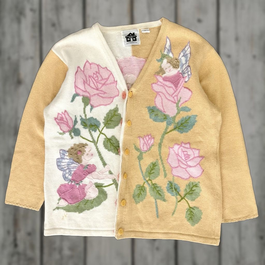 VINTAGE Storybook Knits Floral Knit Cardigan Sweater XL Multicolor Whimsical Fairycore 90s Womens