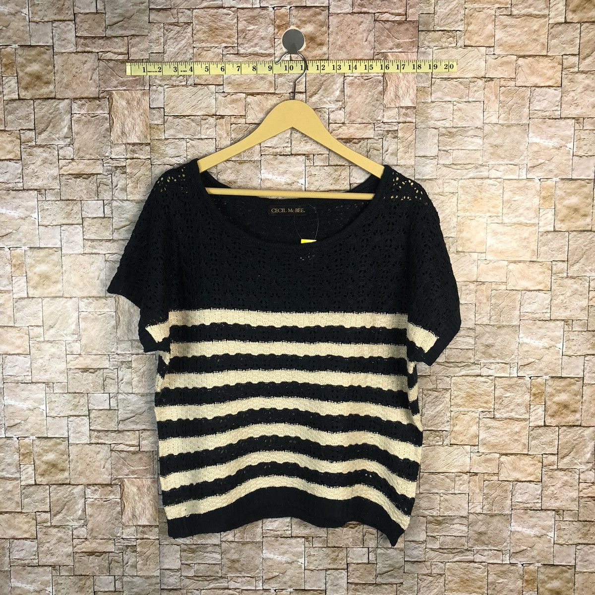 Homespun Knitwear × Japanese Brand × OVER THE STRiPES Cecil Mcbee Stripe crochet mesh net Dark Blue Knitwear #A761 Size M / US 6-8 / IT 42-44 - 1 Thumbnail