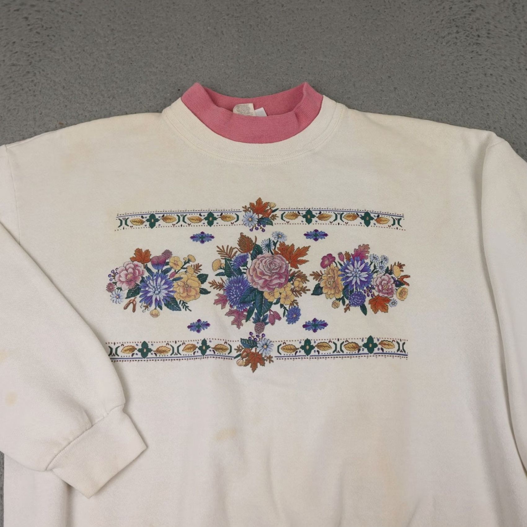 Vintage VINTAGE Morning Sun Womens Medium White Pink Floral Crewneck 90s Knit Sweatshirt Shirt Size M / US 6-8 / IT 42-44 - 3 Thumbnail