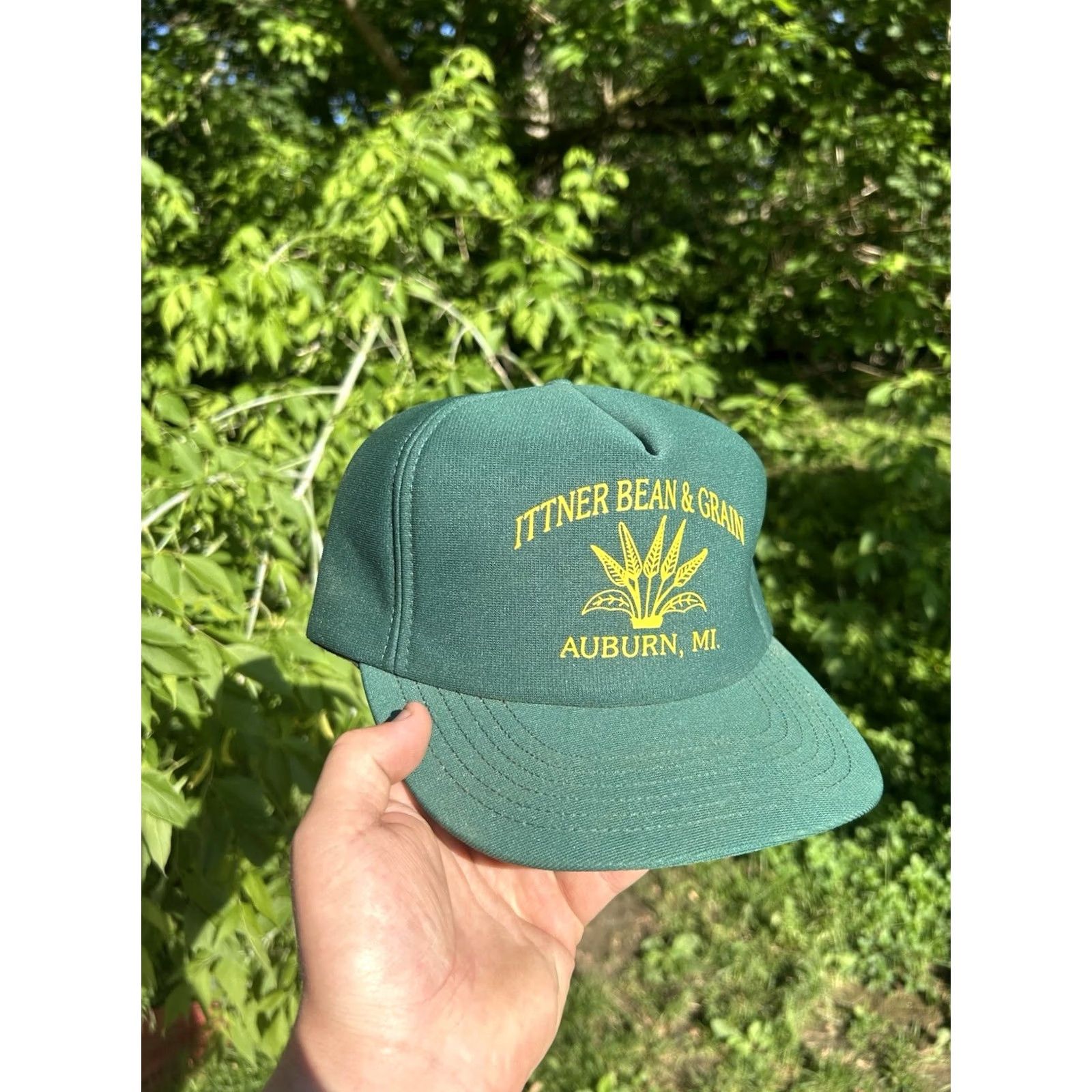 Vintage VINTAGE Auburn Snapback Hat Cap Men Adjustable Green USA Michigan 80s Ittner bean & grain auburn farm USA Size ONE SIZE - 2 Thumbnail