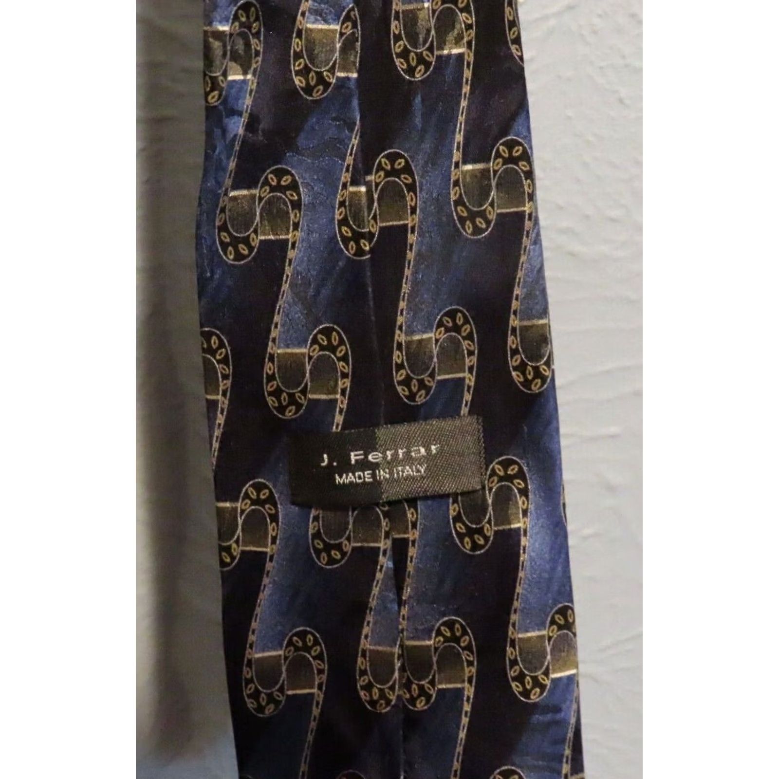 Vintage J. Ferrar Silk Tie Striped 100% Imported Silk Blue Navy Gold Mens Tie | Men’s Tie Size ONE SIZE - 3 Thumbnail