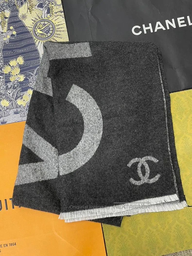 Chanel Gray Logo Cashmere Scarf.