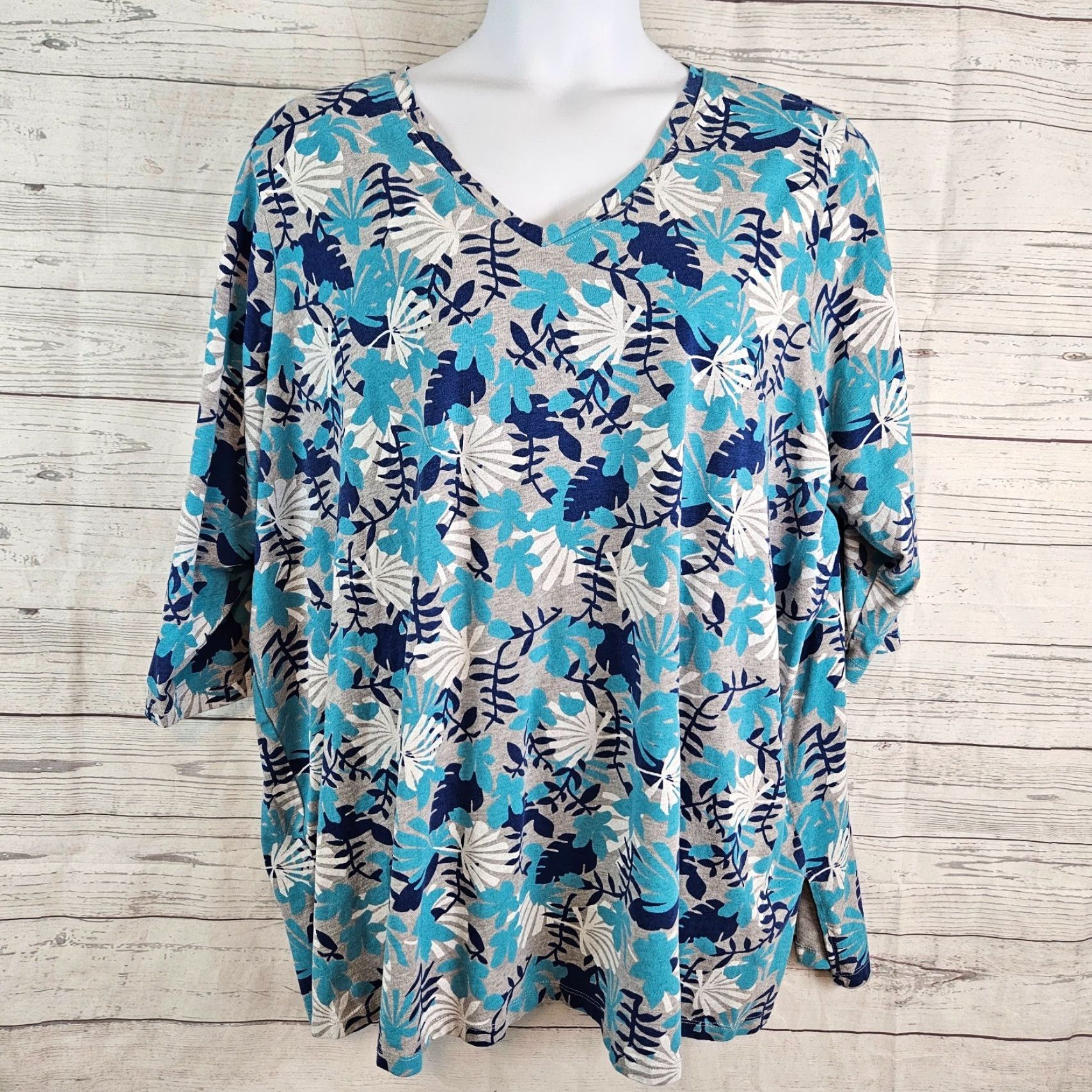 Vintage Woman Within Womens Top 3X Blue Gray Leaf Print 3/4 Sleeve Cotton Blend T-Shirt Ladies Womens Shirts Size XXL / US 16-18 / IT 52-54 - 2 Thumbnail