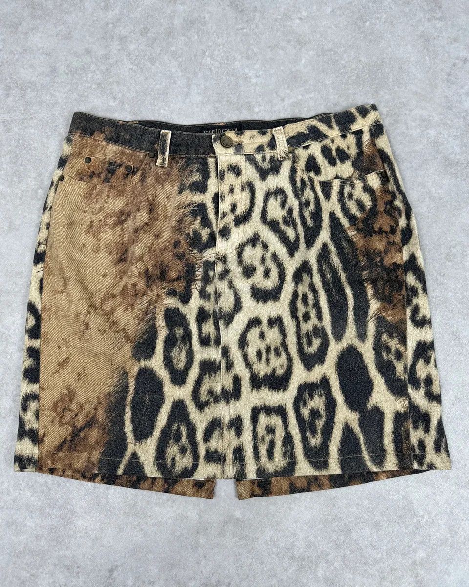 Roberto Cavalli AW2001 Roberto Cavalli Beige Denim Leopard Print Skirt Size 29" - 2 Thumbnail